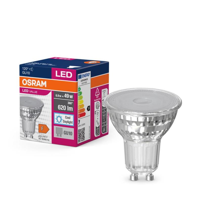 Osram GU10 Reflektorlampe LED 6,9W wie 49W 6500K kaltes Licht mit breitem Abstrahlwinkel 120 °